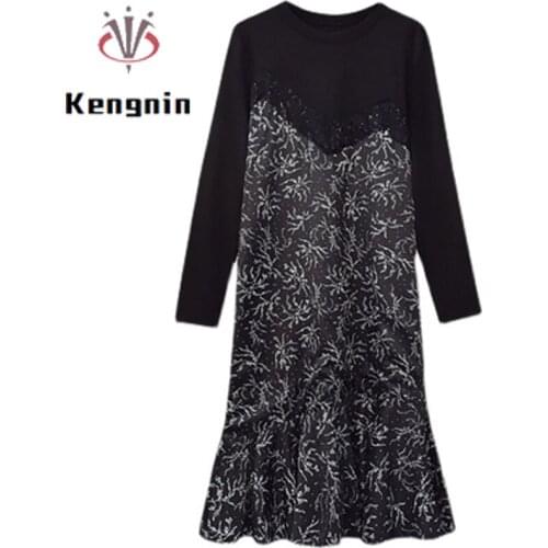 New 2021 Autumn Winter Women Tunic Dress Patchwork Lace Ladies Vestidos Print Floral Asymmetrical Mermaid Black Dress KE1852