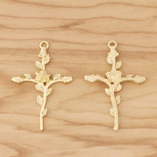 10 Pieces Gold Tone Cross Crucifix & Rose Flower Charms Pendants for Necklace Jewellery Making Accessories 43x28mm