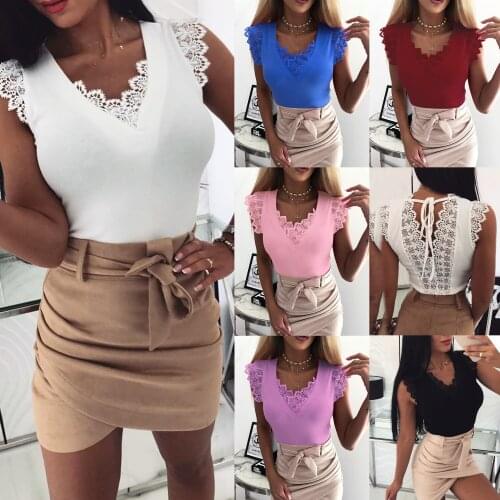 2021 Summer New Sexy Blouses Deep V-Neck Lace Shirts Bandage Sleeveless Patchwork Women Blouse Women Shirts Casual Solid Tops