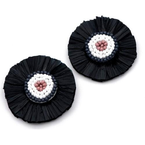 4pcs Round Flower Pendants 38mm, Beaded Raffia Tassel Charms for Earrings, Floral Hair Accessories,Black (FB-051-4)
