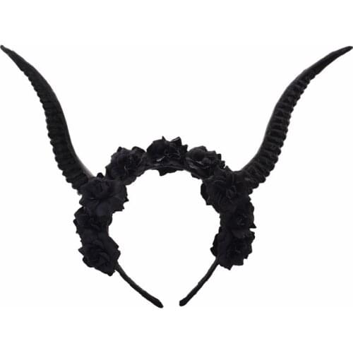 Lolita Halloween Cosplay Black Antelope Horn Hair Accessories Gothic Dark Devil Horns Black Flower Headband