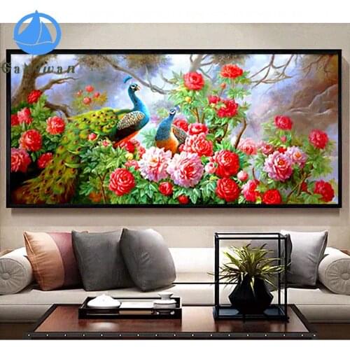 5D Diamond Embroidery Animal peacock Diamond Painting red peony flower DIY Round drill Cross stitch Home Decoration large size
