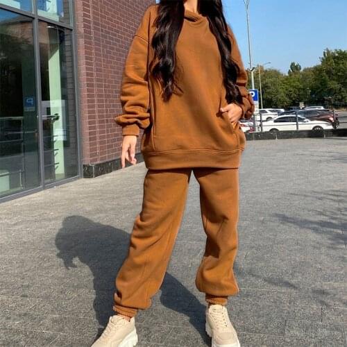2 Pieces Sets Tracksuit Women Elegant Solid Sets Female Warm Hoodie Sweatshirts Long Pant Fashion Oversized Sweatshirt Suits
