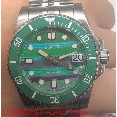 Mens sports and leisure waterproof mens 904L stainless steel strap bracelet watch mh36 mechanical clock green bezel green dial