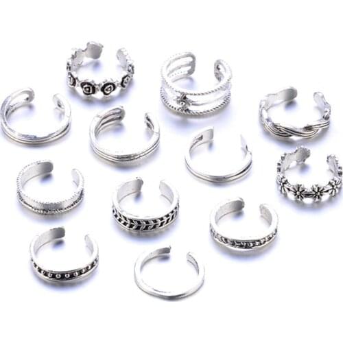 Hot Sale 12Pcs New Rings Lady Unique Adjustable Opening Finger Ring Retro Carved Toe Ring Foot Beach Foot Jewelry