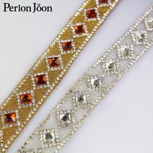 1 yard 2cm Gold silver retro rhinestone hot fix tape ribbon crystal rhinestone decoration iron shoes clothing accessories TR024