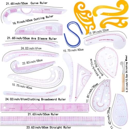 LMDZ Fashion Design Ruler Set -21 Style Fashion Pattern Design Ruler -Sewing Rules with Stitching Wheel Tool for Needlework