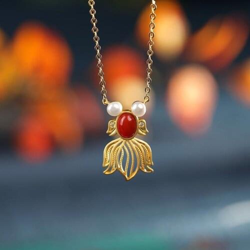 {Lotus Mud Tang} S925 Sterling Silver Gold-Plated Inlaid Southern Red Agate Gold-Plated Goldfish Pendant Retro Necklace Set Wome