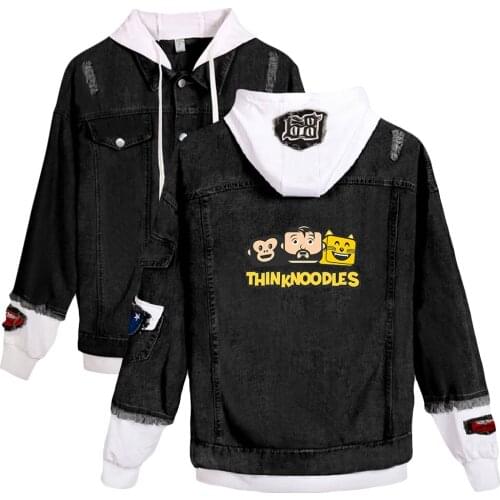Kawaii Thinknoodles Fashion Denim Jacket With Ripped Stitches Women/Men Hot Sale Fake two Hooded Cool Cowboy Jackets Anime Tops