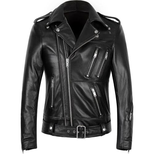 Korean Version Multi Zipper Mens Genuine Leather Jacket Natural Cowhide Sheepskin Coat oblique zipper Slim Motorcycle Clothing