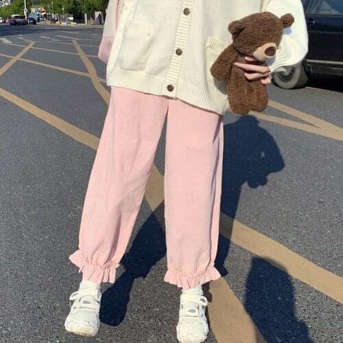 2021 New Women pants Japanese style Corduroy Loose Casual student Straight Bloomers Pink Sweet Cute female trousers