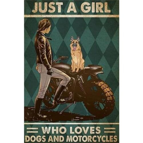 New Metal Tin Sign Just A Girl Who Loves Motorcycles and Dogs Poster Vintage Metal Tin Sign for Men Women,Wall Decor for Cafes