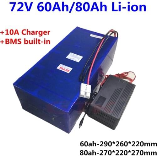 Rechargeable 72V 60Ah 80Ah Lithium li ion battery with BMS for 4000W 5000W motorcycle ebike scooter golf trolley+10A Charger