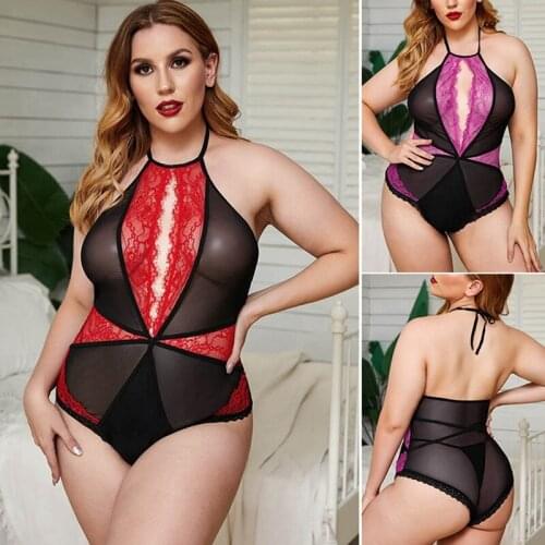Sexy Plus Size Lace Backless Halter Women Bodysuit Bodys Para Body Clothes Mesh Combinaison