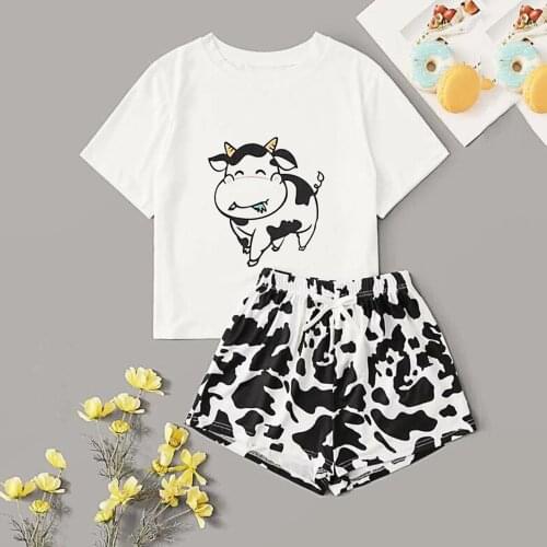 Cow Printed Sleepwear Shorts Set Women Casual Super Soft Pajamas Set Pijamas De Mujer Sleepwear Women Pyjamas Set Pizama Damska