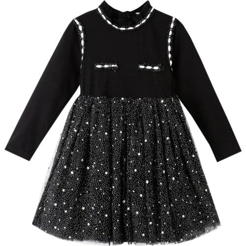 Christmas Costume for Girls Black Sequins Navy Blue Lace Splicing Elegant Princess Dress Fashion Birthday Party Holiday Gift