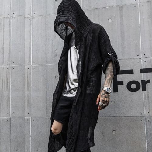 Nightclub DJ singer punk rock hip hop long shirt black hooded cloak cardigan men linen oversize blouse gothic vintage streetwear