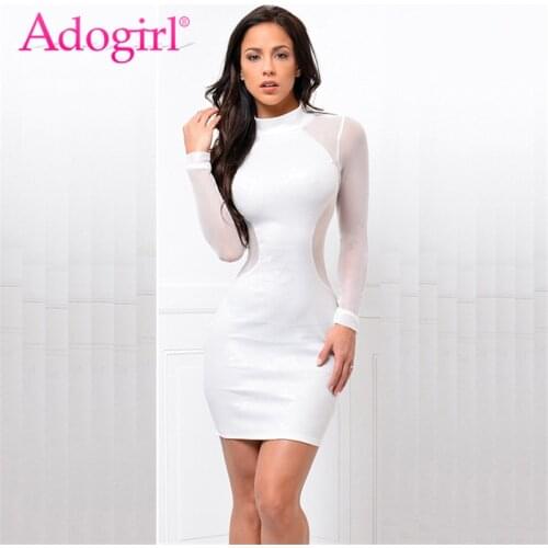 Adogirl Sexy Sheer Mesh Patchwork Bodycon Dress Keyhole Back Long Sleeve Bandage Mini Club Party Dresses Women Clothing Vestidos