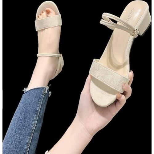 2021 Women Sandals Chunky Heels Brand Slides Summer Flock Flip Flops Narrow Band Sandal Elegant Mule Shoes Women Slipper Big 42