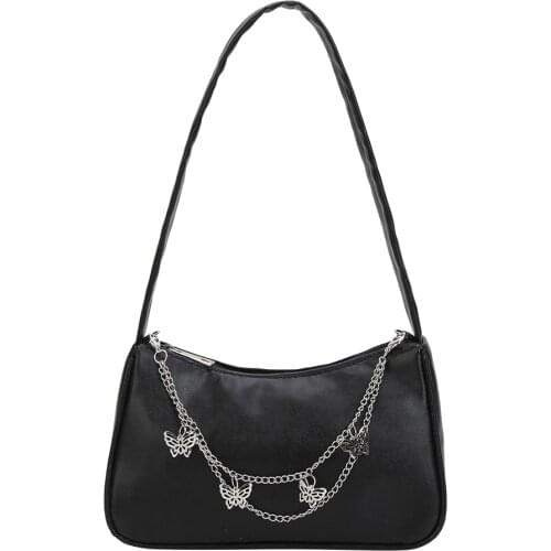 Fashion Women PU Leather Small Shoulder Bag Ladies Vintage Butterfly Chain Underarm Bags Pure Color Zipper Mini Purse Handbags