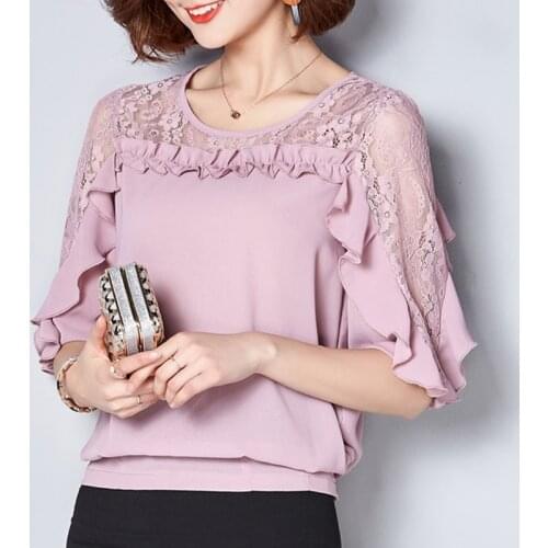 2018 New Summer Fashion Women Green Blue Wine Red Half Sleeve Chiffon Blouse Shirt , Woman Lace Patchwork Ruffles Loose Blouses