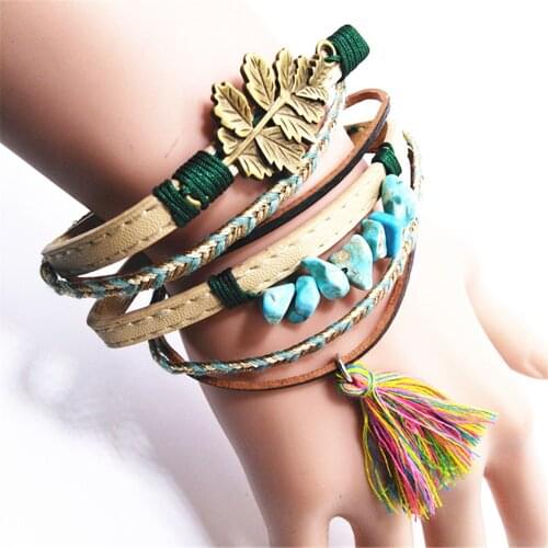 Green Rope Leaf Ethnic Blue Beads Ethnic Handmade Charm Tassel Bronze Leather Bracelets Women Fashion Bangle Female Jewelry