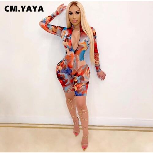CM.YAYA Women Playsuit Print Full Sleeve Zip Stand Collar Sheath Elastic Bodycon Playsuits Casual One Piece Set Summer Outfits