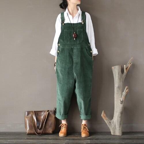 Johnature 2021 Spring Autumn New Original Jumpsuits Cotton Corduroy Women Vintage Loose Strap Thick Warm Pocket Casual Jumpsuits
