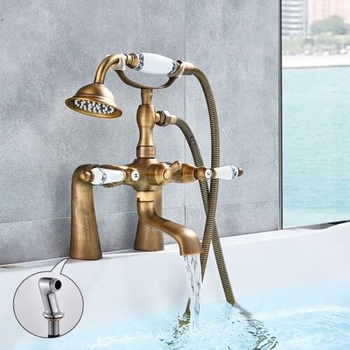 Antique Brass Bathtub Faucet Dual Handl Bath Shower Mixer Tap with Hand Shower Deck Mounted Swivel Spout Tub Sink Mixer Faucet