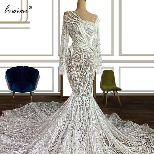 Pearls White Lace Wedding Dresses Mermaid Sheer Neck Illusion Gridal Gowns With Long Sleeves Elegant Wedding Gowns 2020 Custom