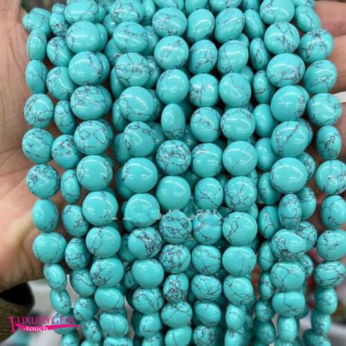 Synthesis Blue Turquoises Stone Loose Beads High Quality 10mm Smooth Flat Coin Shape DIY Gem Jewelry Accessories 38Pcs a3662