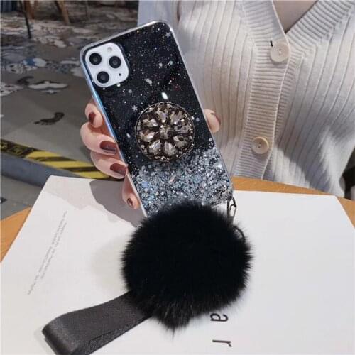 DIY Strap Fur Ball Diamond Holder Stand Phone Case For Huawei P20 P30 MATE20 MATE30 Mate10 P10 Pro Lite Nova6 3i TPU Clear Coque