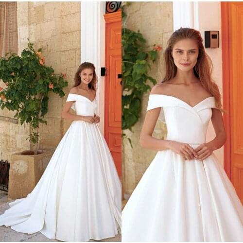 A-Line Long Satin V-Neck Wedding Dresses with Pockets Corset Back Off Shoulder Robes De Mariée Bridal Gown For Women