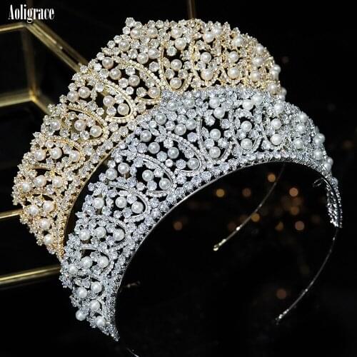 European CZ Cubic Zirconia Pearls Bridal Wedding Crowns and Tiaras Princess Birthday Party Pageant Headpieces For Women Girls