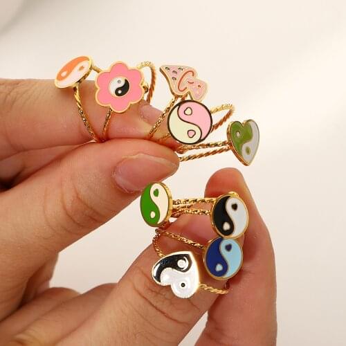Stainless Steel Heart Shape Yin Yang Mushroom Finger Rings For Women Girls Candy Color Dripping Oil Adjustable Rings Jewelry