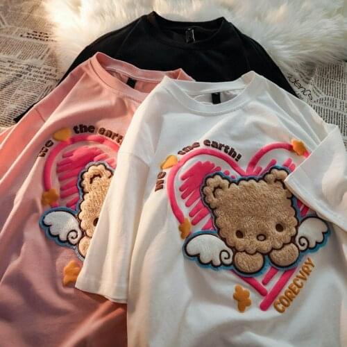 Cute Bear Print T-Shirt Male Funny Harajuku Loose Tee Streetwear Couple Fashion Hip Hop Half Sleeve Oversize Korean T Shirts Men