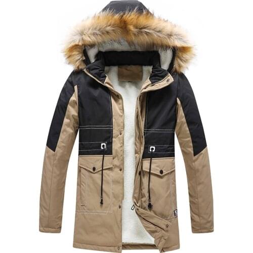 Men Winter Jacket Hooded Thick Fleece Parkas Hat Detachable Coat New Male Mid Long Outerwear Fashion Patchwork Overcoat