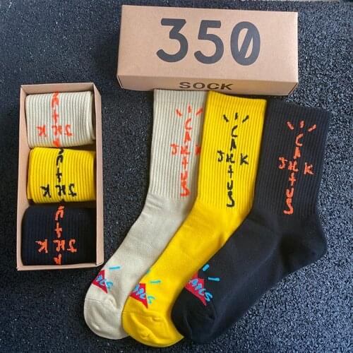 Mens Crew Cactus Jack Socks Pure Cotton Travis cott Sport Hip Hop Skateboard White /Yellow /Black Sockken Wholesale 3 Pairs/Box