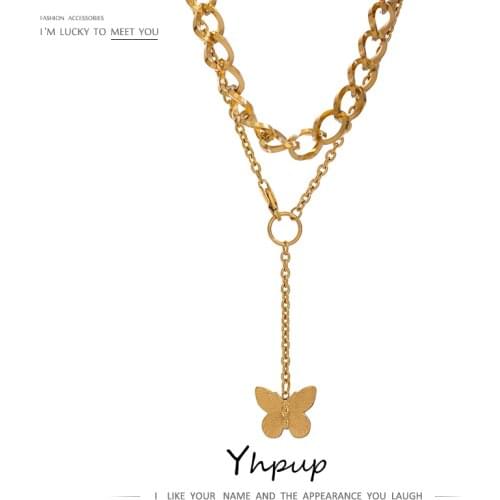 Yhpup 316L Stainless Steel Butterfly Pendant Necklace Trendy Metal Chain Double Layered Jewelry Collar Necklace 2021 Girls Gift