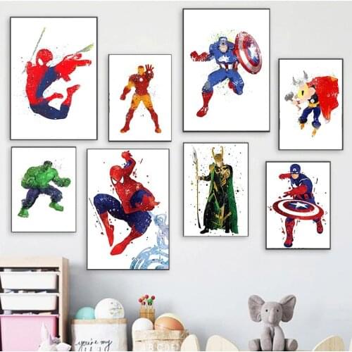 Marvel Superhero Watercolor Canvas Painting Iron Man Captain America Spiderman Posters and Prints Wall Art Kids Room Decor