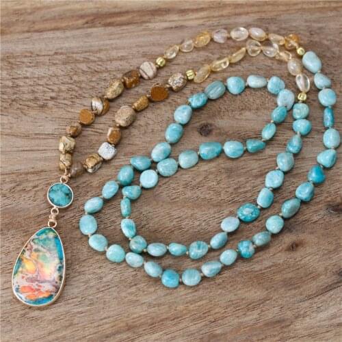 Handmade Chic Women Amazonite Natural Stone beaded Teardrop Pendant Necklace Lariat Yoga Long Jewelry Gift For Her Dropshipping