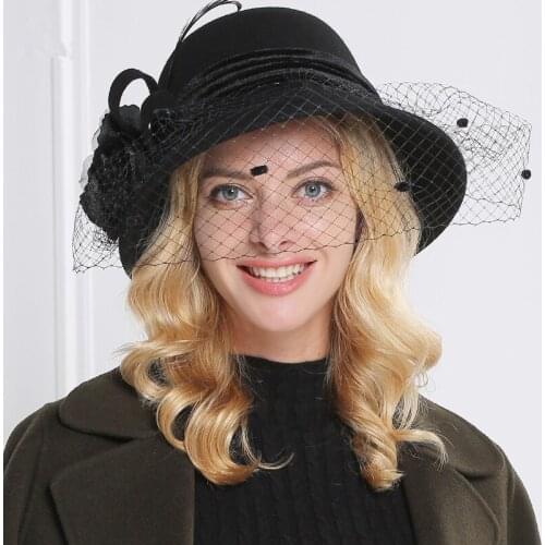 Elegant Ladies Fedoras Hat Woolen Wool Autumn Winter Party Female Fedora Cap British Retro Flower Feather Yarn Basin Hats H6824