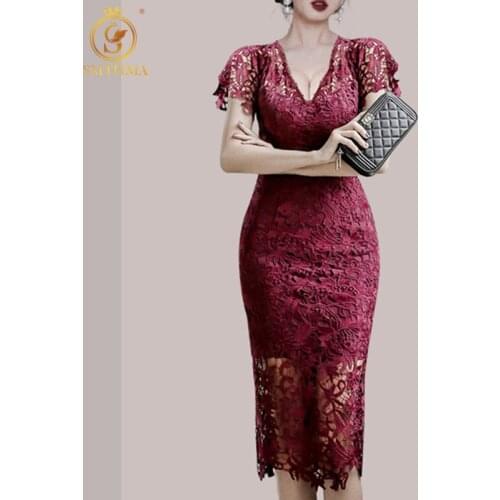 SMTHMA Sexy Lace Hollow Out Summer Dress V Neck Short Sleeve High Waist Slim Bodycon Midi Dresses Female New Fashion Clothes