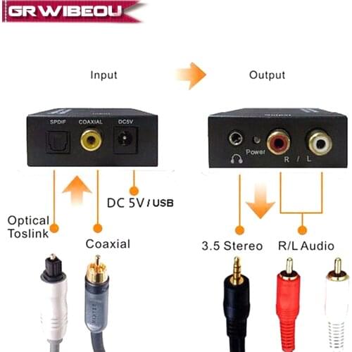 Coaxial Optical Fiber Toslink to RCA L/R 3.5mm AUX Jack Stereo Digital Audio Signal to Analog Decoder SPDIF Converter Amplifier