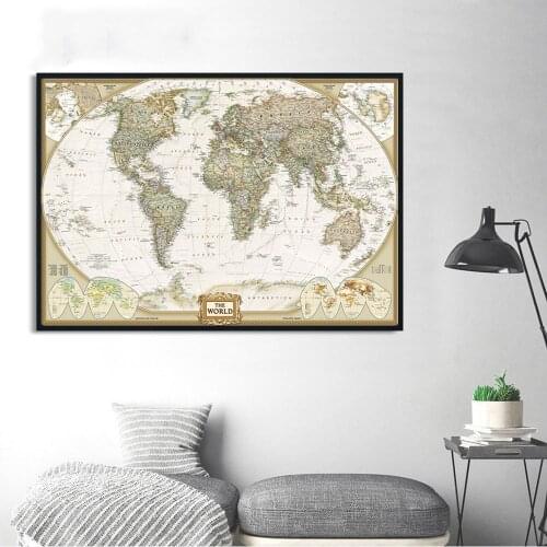 90*60cm Vintage World Map Wall Art Poster Non-toxic Canvas Painting Retro Decorative Picture Living Room Home Decoration