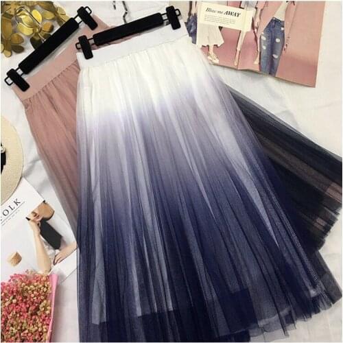 2019 Spring New Gradient Mesh Skirt Women Korean Fashion Slim High Waist Elastic Pleated Skirt Plus Size Long Skirts 80cm