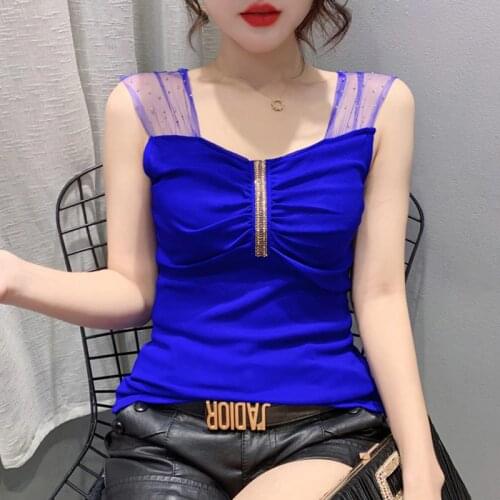 NEW 2021 Summer Sleeveless Mesh Tops Shirt Fashion Casual Leopard hot diamond Womens T-Shirt