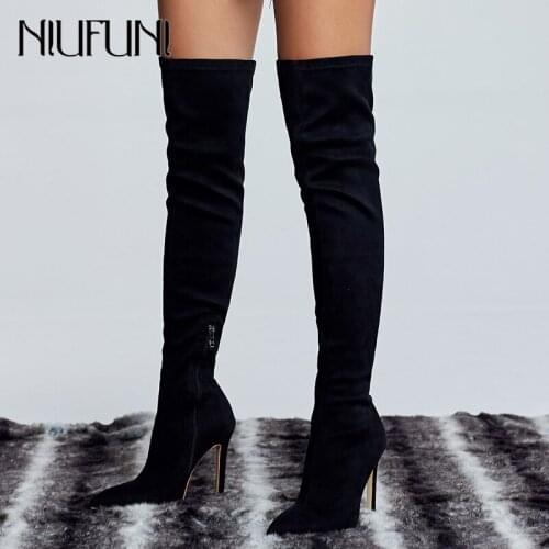 NIUFUNI Womens Stretch Slim Over the Knee Boots Sexy Thin High Heels Women Boots Fashion Black Woman Shoes Plus Size 35-42