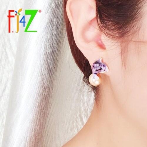 F.J4Z Lovely Pet Earings Cute Colorful Cat Printed Alloy Faux Pearl Stud Earrings For Women Girls Jewelry