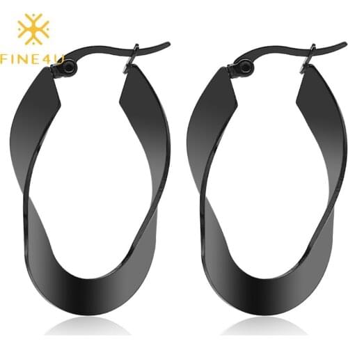 FINE4U E264 High Polish Gold Color Twisted Oval Hoop Earrings Flat Tubing Textured Hoop Earrings for Women Girls